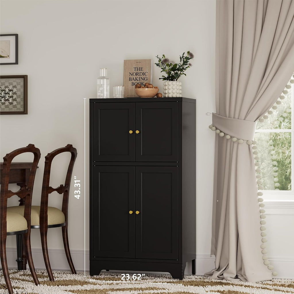 YAUWOH Bathroom Floor Cabinet, Metal Storage Cabinet with 2 Adjustable Shelves & 4 Doors,Freestanding Sideboard for Dining Room,Living Room, Home Office(1PC,Black)