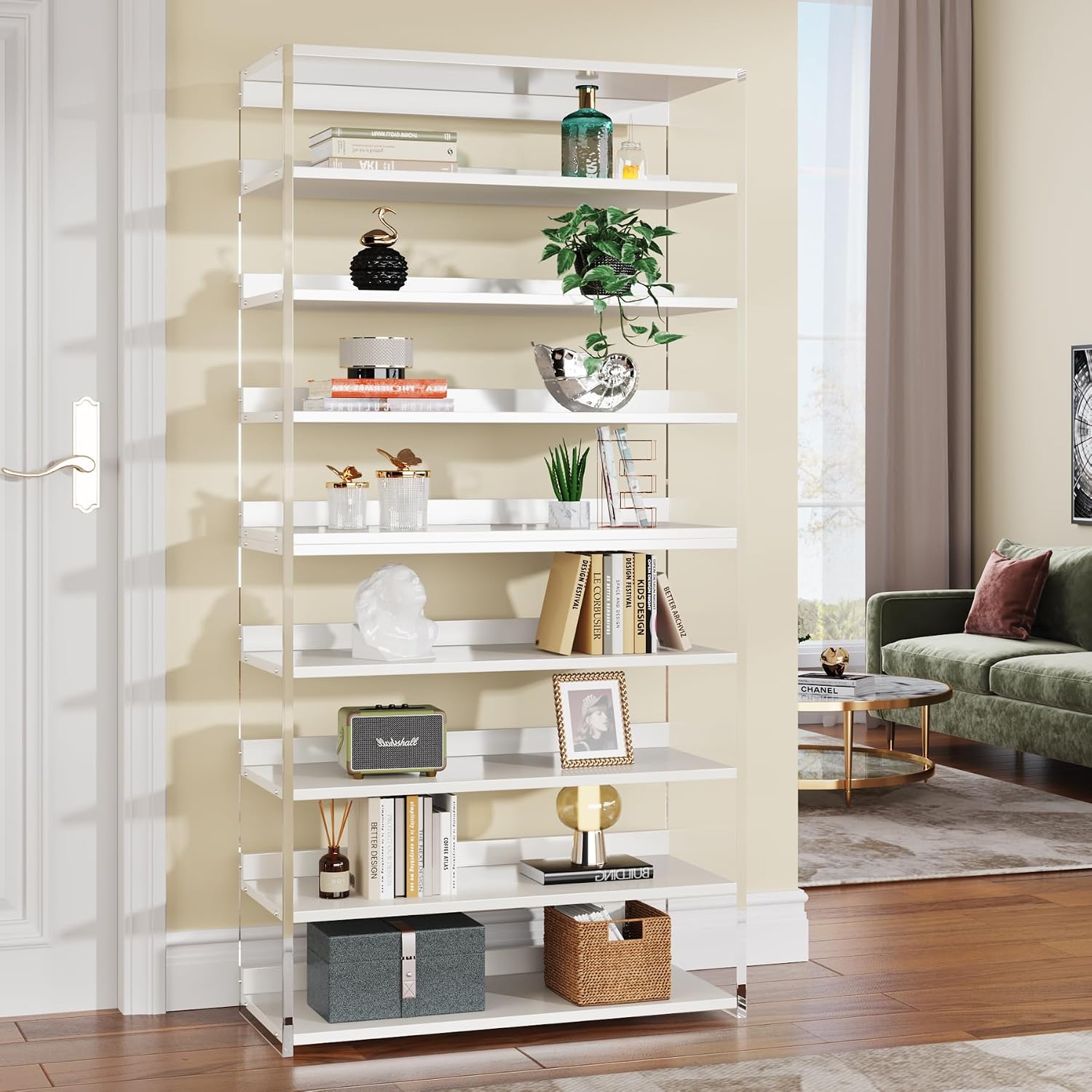 Tribesigns 8-Tier Acrylic Bookshelf, Modern Bookcase with Wood Shelves, 63' Display Storage Rack for Living Room, Bedroom, Home Office, White & Transparent (Without LED)