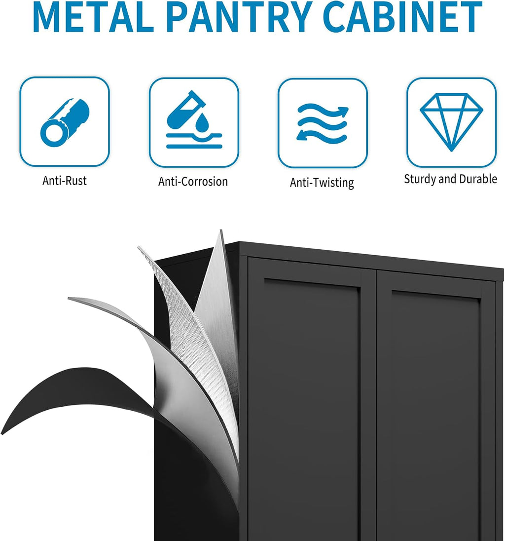 5-Tier Black Steel Pantry Storage Cabinet with 2 Doors & 4 Adjustable Shelves, Tall Metal Cabinets for Kitchen, Living Room, Garage, Heavy Duty Freestanding Utility Cabinet, Assembly Require