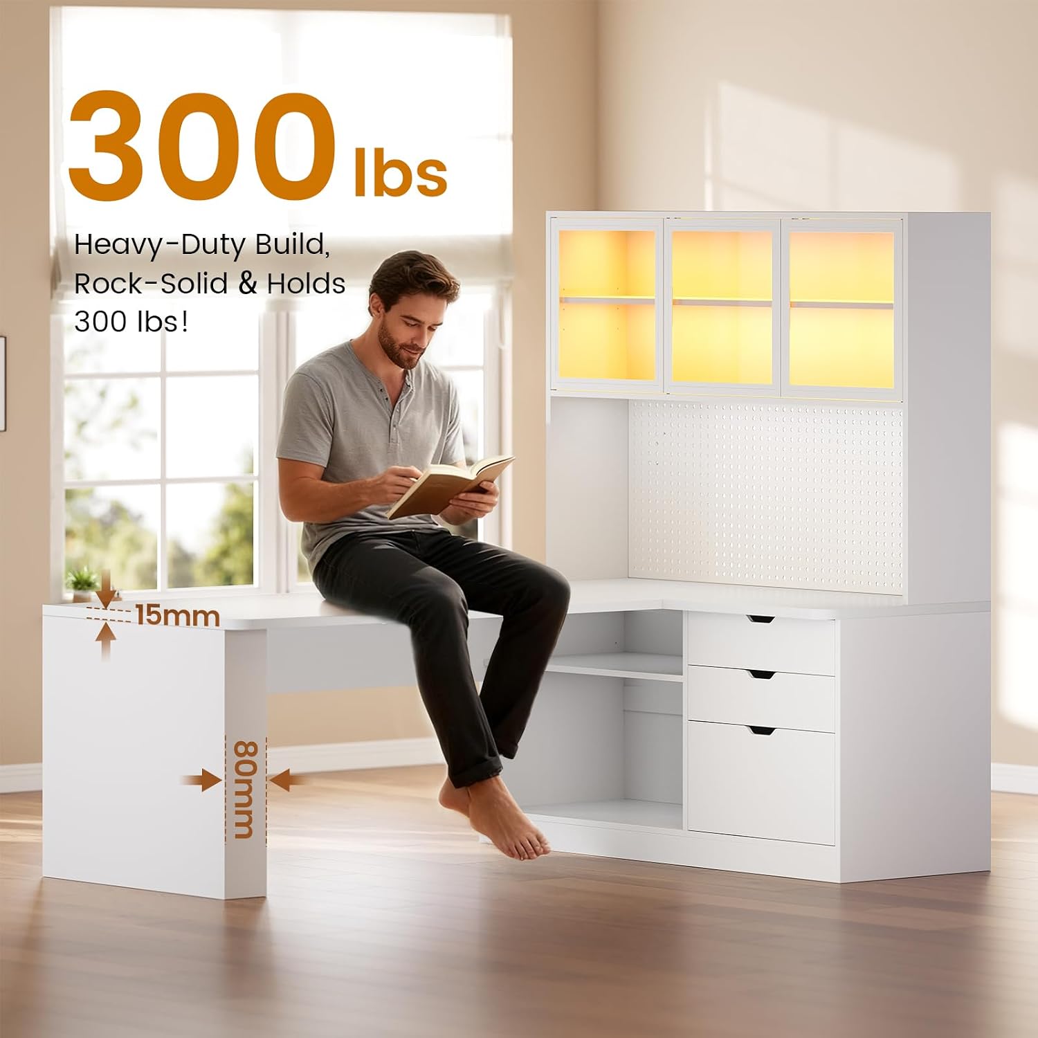 SEDETA L Shaped Computer Desk, L Shaped Corner Gaming Desk with 3 Wood Drawer and Large Bookshelf, Home Office Desk with LED Light, Display Cabinet and Pegboard, 27.5' W Large Desktop Table, White