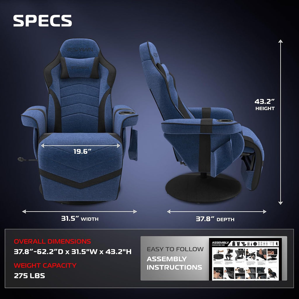 Respawn 900 Console Gaming Recliner with Footrest and Lumbar Support - Comfortable Ergonomic Gaming Chair with Headrest, No Wheels, Reclining, Heavy Duty, Racing Style Video Game Chairs - Blue Fabric