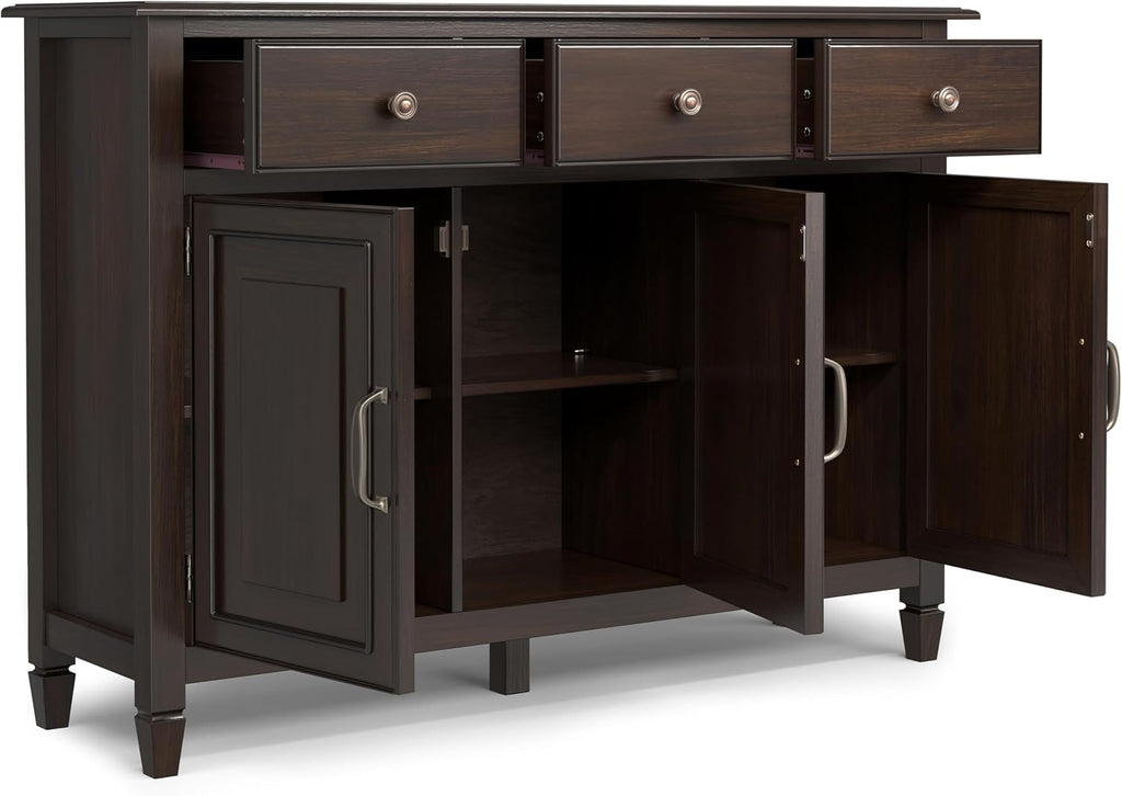 SIMPLIHOME Connaught 51-inch Wide Solid Wood Storage Cabinet in Chestnut Brown for the Entryway, Mudroom, 3 Drawers and Adjustable Shelves, Traditional Style, Space-Saving Design