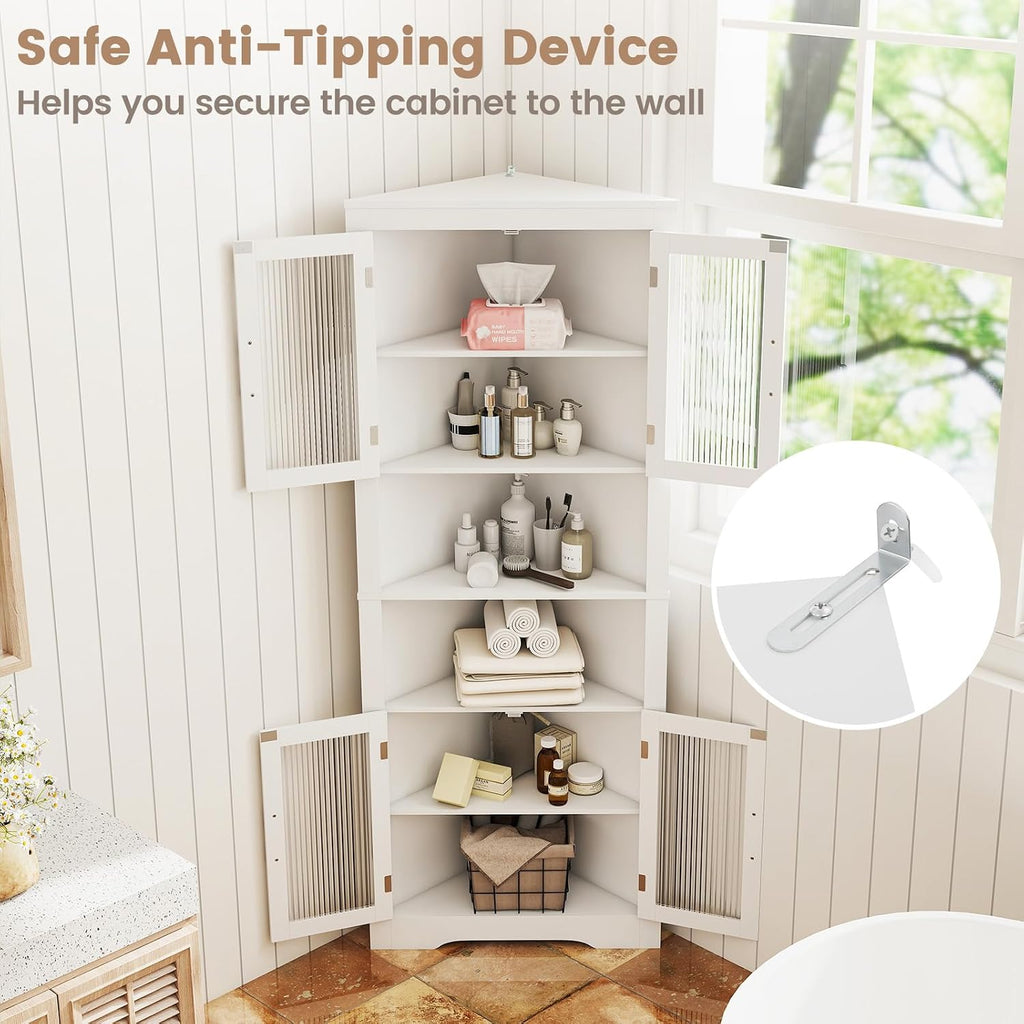 Giantex 67' Tall Corner Cabinet, Space-Saving Triangular Storage Cabinet w/ 4 Tempered Glass Doors, Adjustable Shelves, Freestanding Corner Shelf for Bathroom, Kitchen, Living Room (White)