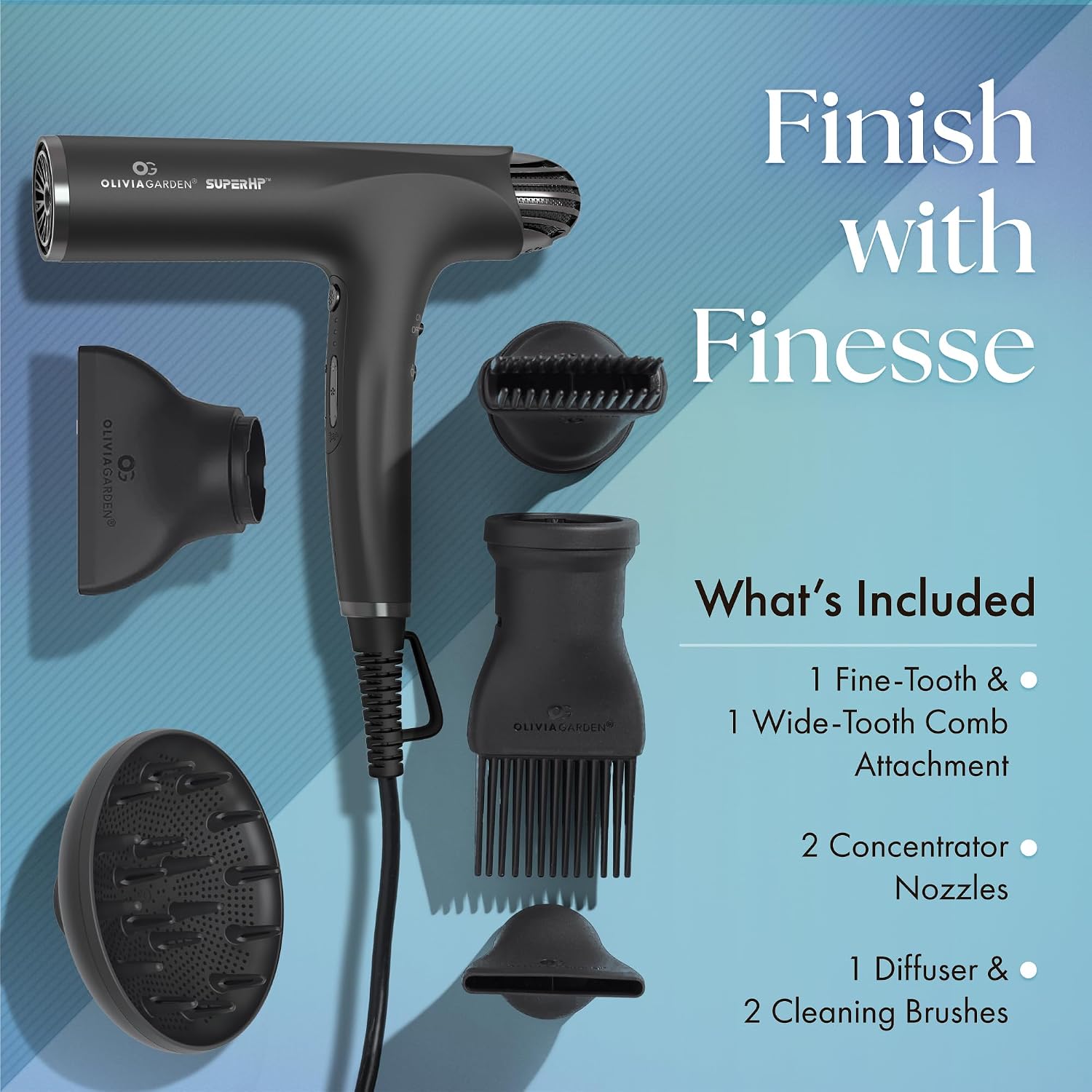 Olivia Garden 1875W SuperHP Professional Hair Dryer for All Hair Types - Quiet, Fast Drying Blow Dryer - Powerful Ionic Generator - 5 Attachments, Including 2 Comb and 1 Diffuser Attachments