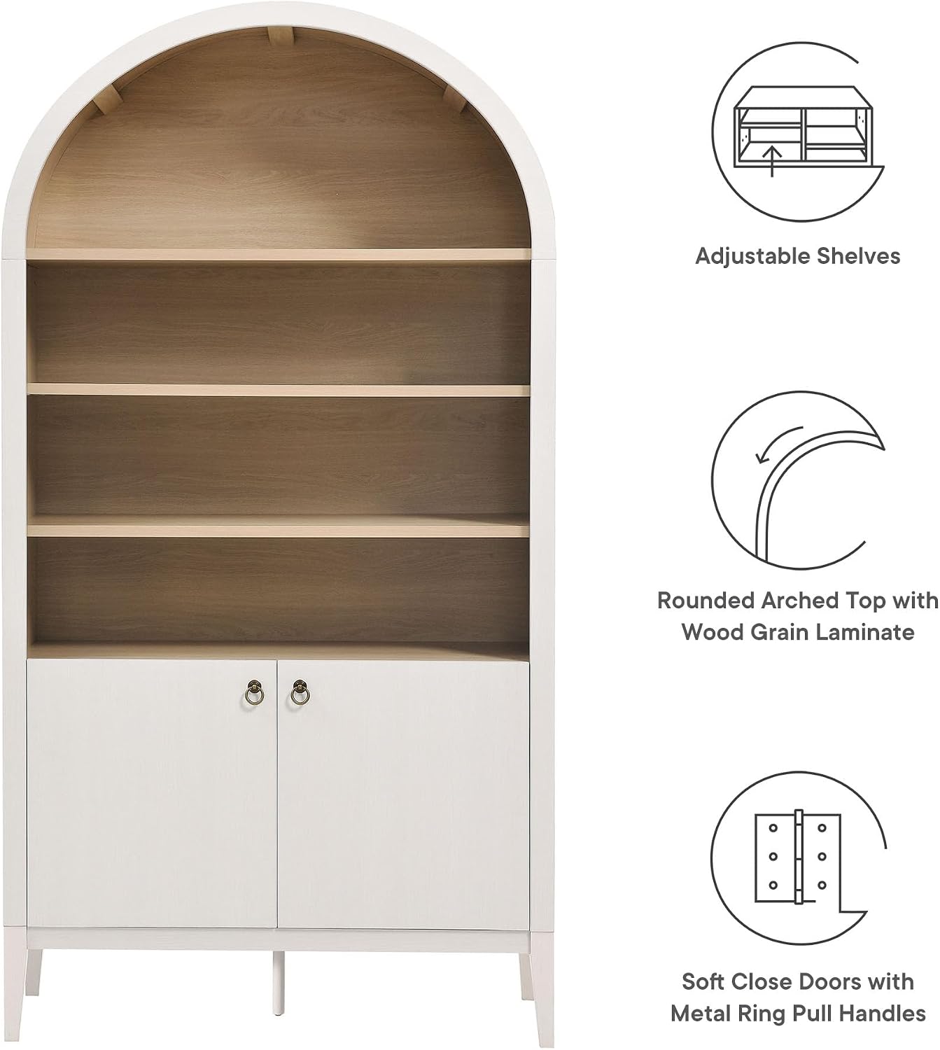 Modway Nolan Tall Arched Storage Display Cabinet in Ivory - 74 Inch Arch Bookshelf with Open and Closed Shelving - Modern Accent Cabinet for Living Room, Dining Room