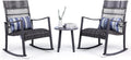Backyard Expressions 3-Piece Wicker Patio Rocking Chair Set – Outdoor Rocker Chairs with Cushions and Faux Stone Table, All-Weather PE Rattan Porch Furniture for Deck, Balcony, or Garden