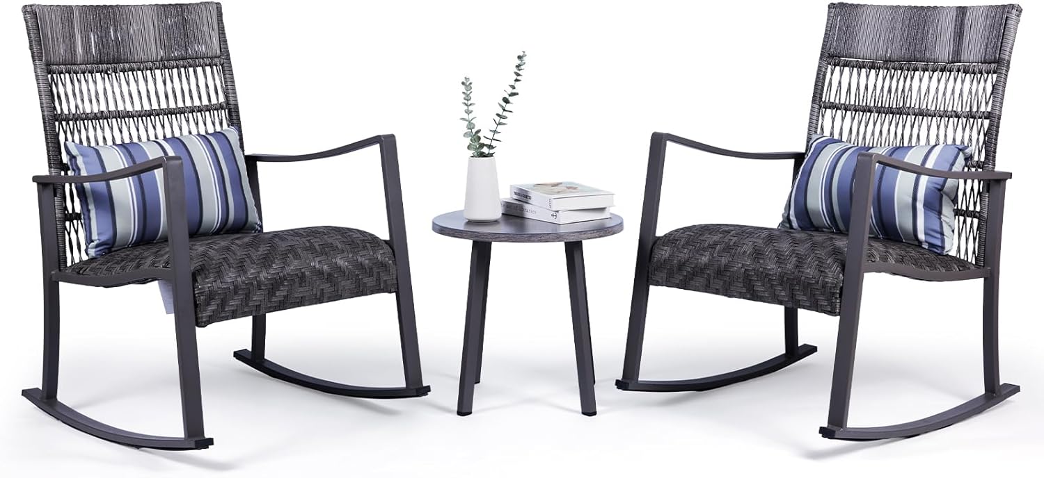 Backyard Expressions 3-Piece Wicker Patio Rocking Chair Set – Outdoor Rocker Chairs with Cushions and Faux Stone Table, All-Weather PE Rattan Porch Furniture for Deck, Balcony, or Garden