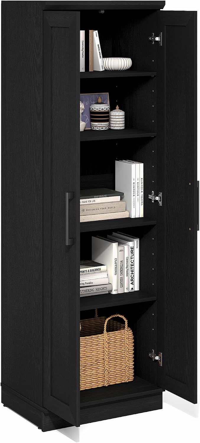 Furinno Robin Storage Cabinet, 5-Tier Pantry Cabinet with Adjustable Shelves, 23W with 2 Shaker-Doors, Kitchen Cabinet, Organization and Storage, for Pantry, Living Room, Home Office, Black Woodgrain
