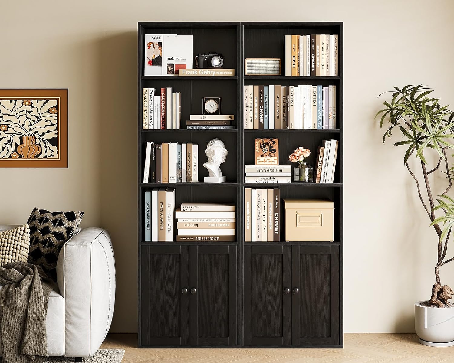 Casaottima Bookshelf and Bookcase with Doors, Floor Standing 6-Tier Shelf Display Storage Shelves, Tall Bookcases for Home Office, Living Room, Black 2 Pack