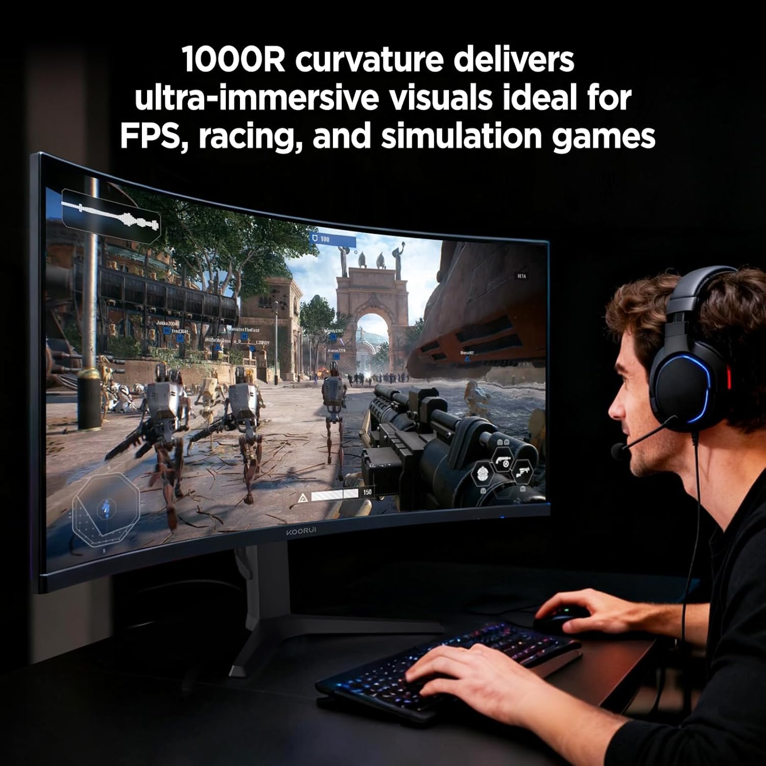 KOORUI 34-inch Curved Ultrawide WQHD 3440×1440 Gaming Monitor, 180Hz 1000R- PIP/PBP, 1ms(MPRT), HDR400, DCI-P3 95%, FreeSync Premium, 1 x DP 1.4 & 2 x HDMI 2.0, Tilt Height Swivel Adjustment, 34E6UC
