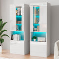 AMERLIFE 2 Piece 71in Tall Bookcase Storage Cabinet with Glass Doors, Modern High Gloss LED Bookshelf Display with 5 Tiers for Storage & Adjustable Glass Shelves for Living Room, Office, White