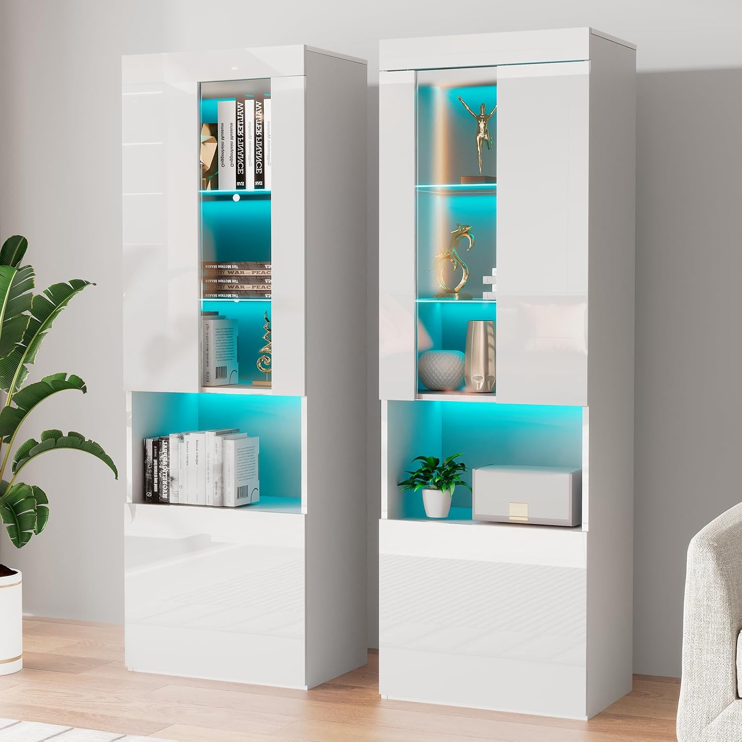 AMERLIFE 2 Piece 71in Tall Bookcase Storage Cabinet with Glass Doors, Modern High Gloss LED Bookshelf Display with 5 Tiers for Storage & Adjustable Glass Shelves for Living Room, Office, White