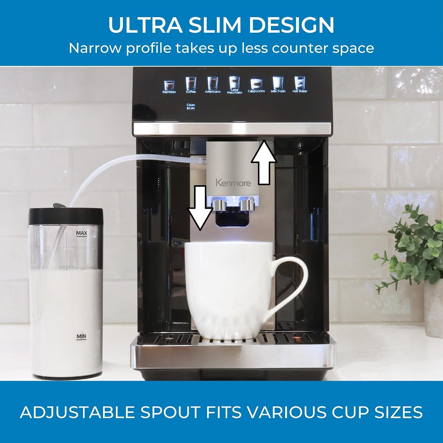 Kenmore Fully Automatic Espresso Machine – Programmable Coffee Machine With Integrated Bean Grinder, Milk Steamer, Frother, Descaler, Barista Cappuccino, Latte, Americano Brewing System, Black