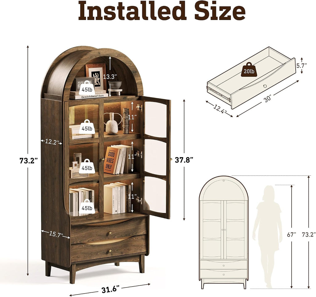 STO'SENSE 74' Tall Arched Bookshelf with LED Lights,4-Tier Modern Farmhouse Arched Bookcase with Glass Doors and Shelves,Wooden Display Cabinet with 2 Drawers for Living Room, Dining Room (Walnut)