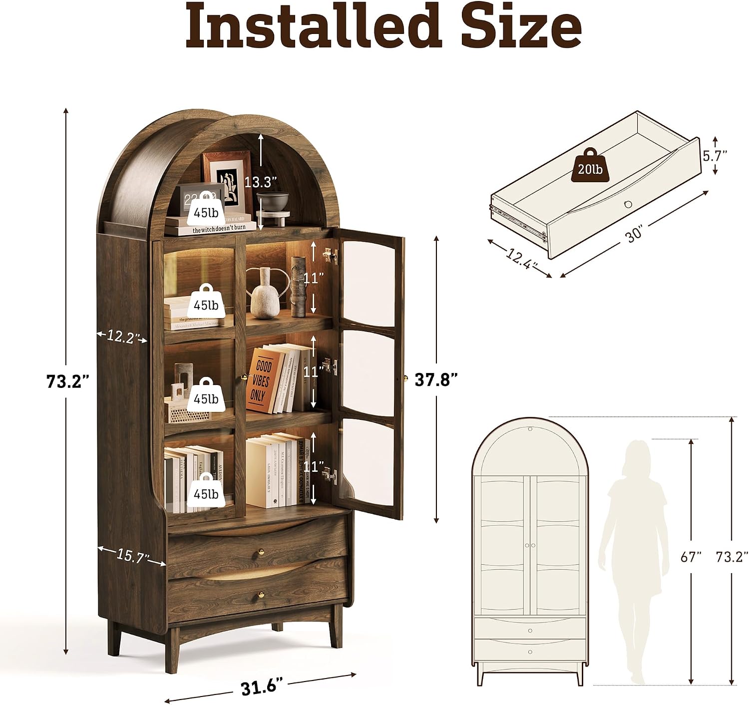STO'SENSE 74' Tall Arched Bookshelf with LED Lights,4-Tier Modern Farmhouse Arched Bookcase with Glass Doors and Shelves,Wooden Display Cabinet with 2 Drawers for Living Room, Dining Room (Walnut)