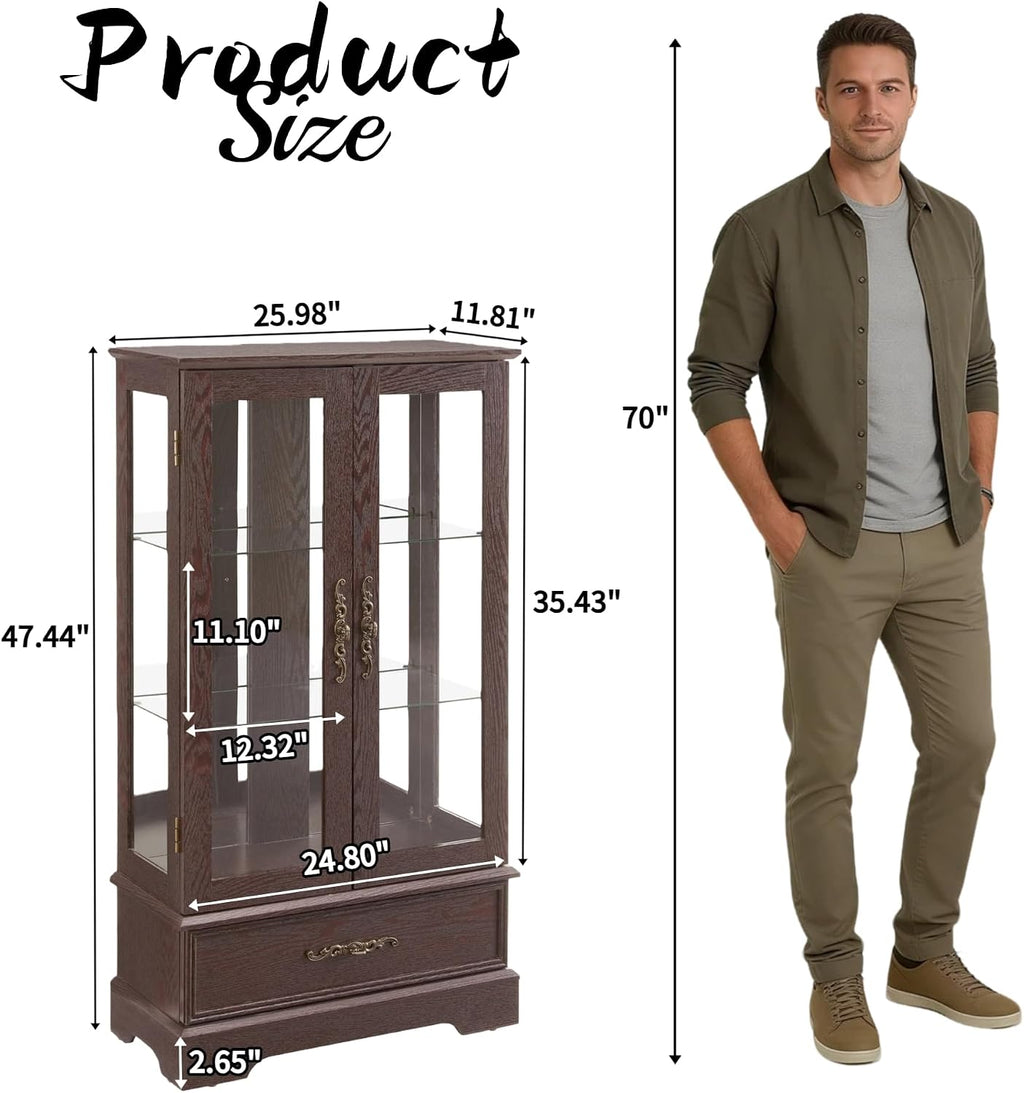 3-Tier Lighted Curio Display Cabinet, 47' H Glass Accent Storage Cabinet with Adjustable Glass Shelves & 1 Drawer, Wooden Wine Display Casewith Mirrored Back Panel for Living Room (Cherry)