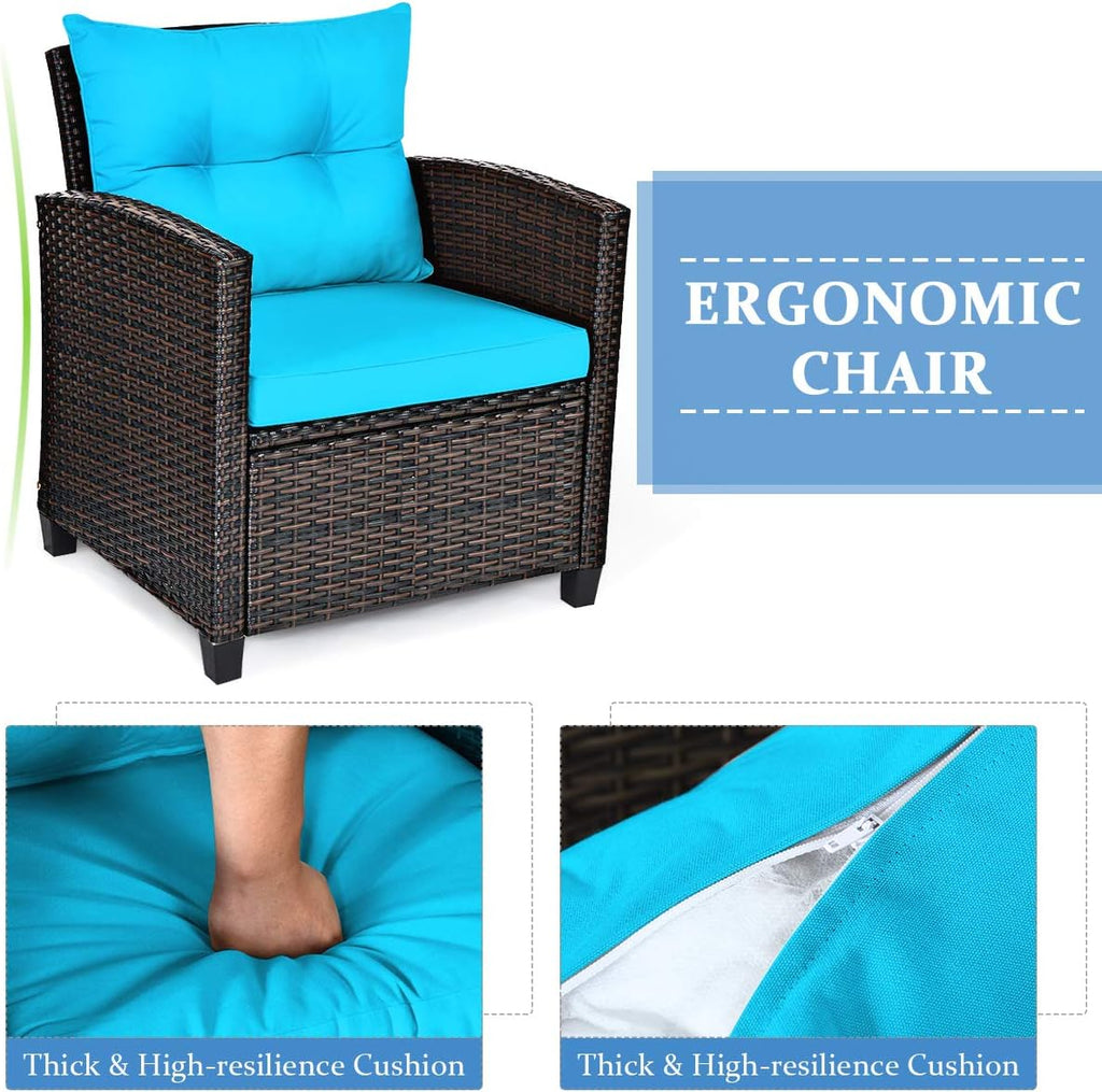 Tangkula 3 Pieces Patio Furniture Set, PE Rattan Wicker 3 Pcs Outdoor Sofa Set w/Washable Cushion and Tempered Glass Tabletop, Conversation Furniture for Garden Poolside Balcony (Turquoise)