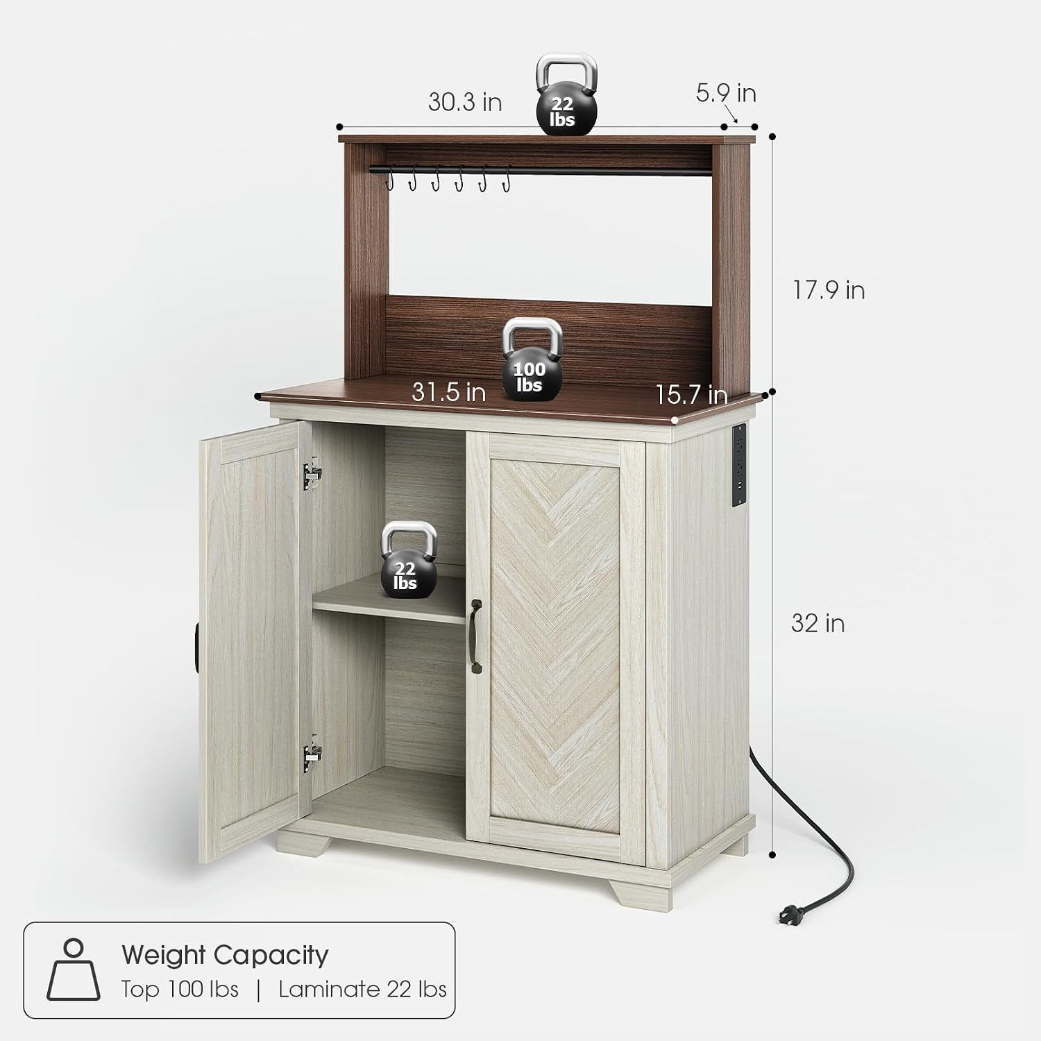 Farmhouse Coffee Bar Cabinet with Charging Station, 31.5' Kitchen Coffee Station, Coffee Bar Table with Storage, Adjustable Shelf and 6 Hooks, Buffet Cabinet for Living Room, Dining Room, White