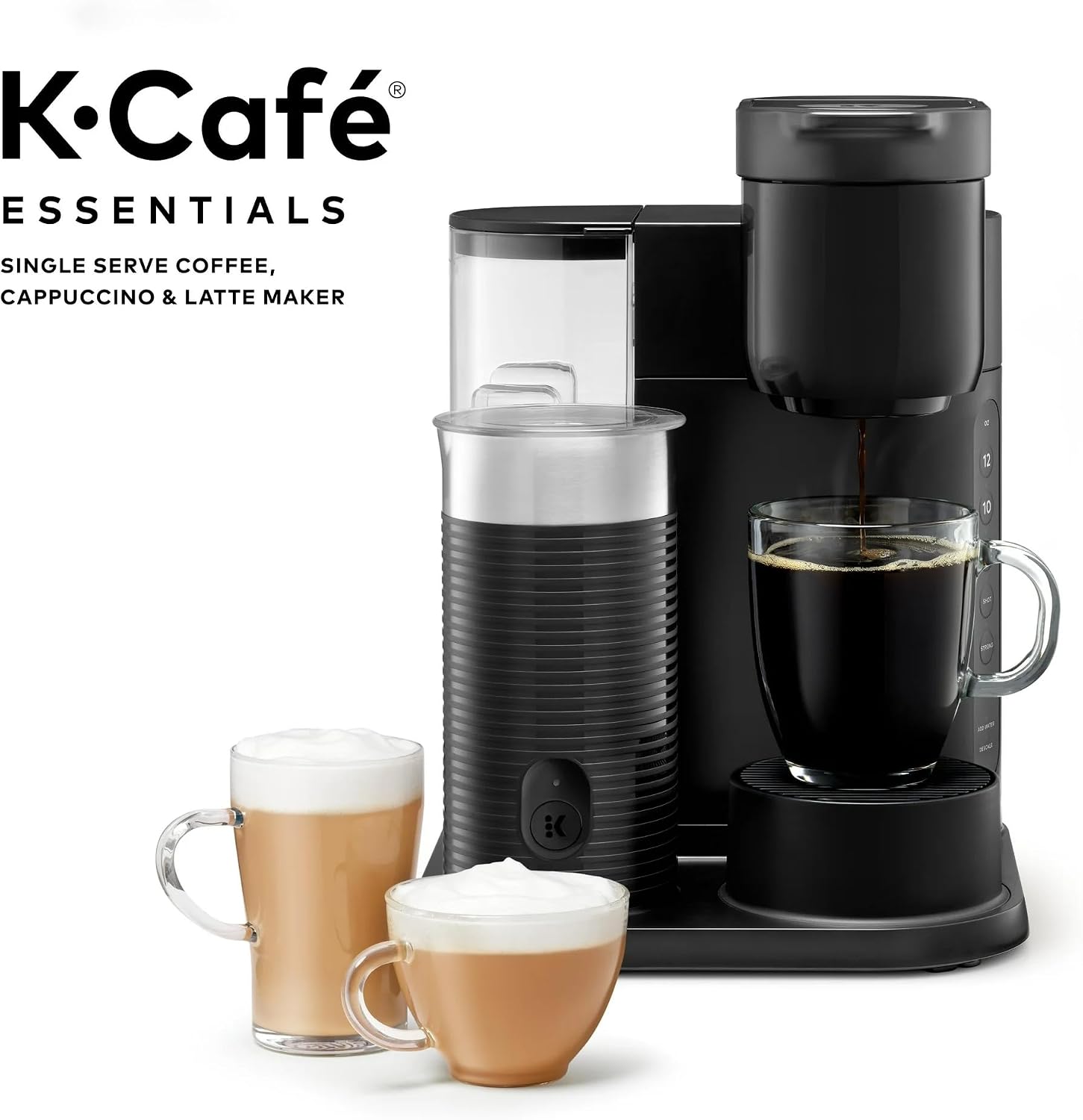 Single Serve Coffee Maker, Built-In Milk Frother, Latte & Cappuccino Brewer, Espresso Shot, 3 Brew Sizes, 42 oz Water Reservoir, Travel Mug Friendly, Auto-Off, Black, Compact Design