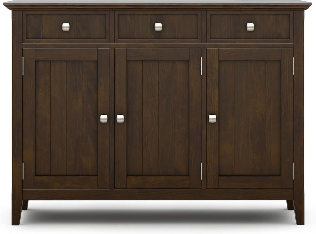 SIMPLIHOME Acadian Storage Cabinet - 51 inch Wide Solid Wood Entryway Storage Cabinet in Brunette Brown, Transitional Cabinet for Hallway or Living Room with 3 Drawers and Adjustable Shelves