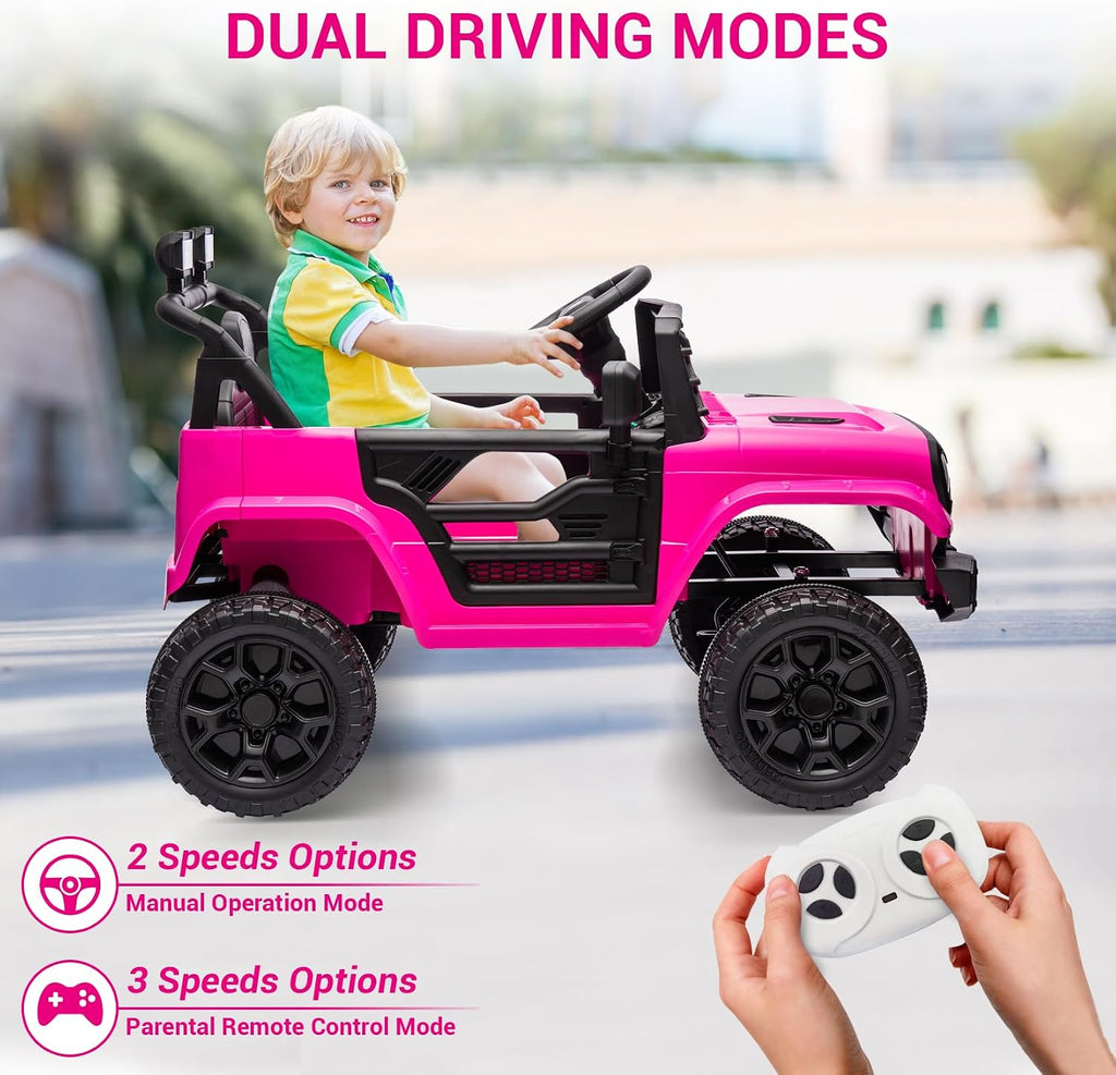 12V Ride On Car for Kids Electric Vehicle Toddlers Battery Powered Truck Car Toy with Remote Control, 4-Wheel Suspension, Battery Display, LED Lights, Music, for Boys Girls, Rose Red