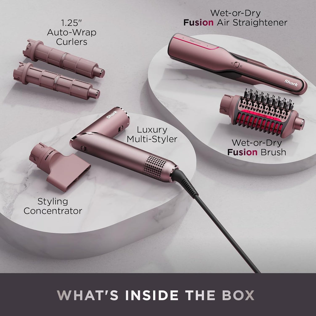Shark FlexFusion Hair Straightener & Powerful Hair Dryer with Fusion Hair Brush, Ceramic Air Styler with Auto-Wrap Curlers & Concentrator, Ceramic Plates, Cosmic Blush HD641S