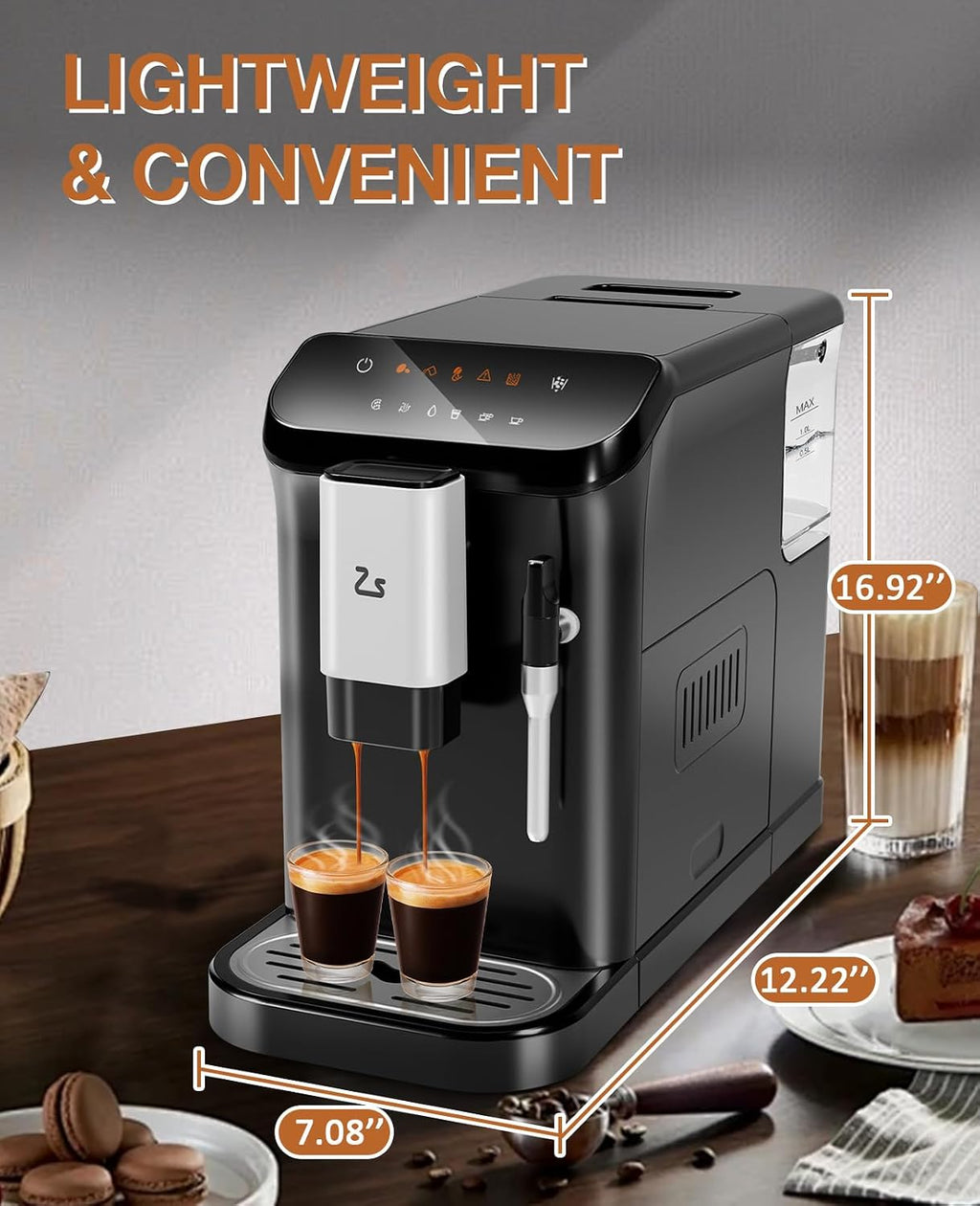 Fully Automatic Coffee Machine, 20 Bar Professional Espresso Machine with Grinder & Milk Frother, 1-15 Adjustable Grind Size Levels, 1.5L Water Tank, Cappuccino & Latte Machine for Home