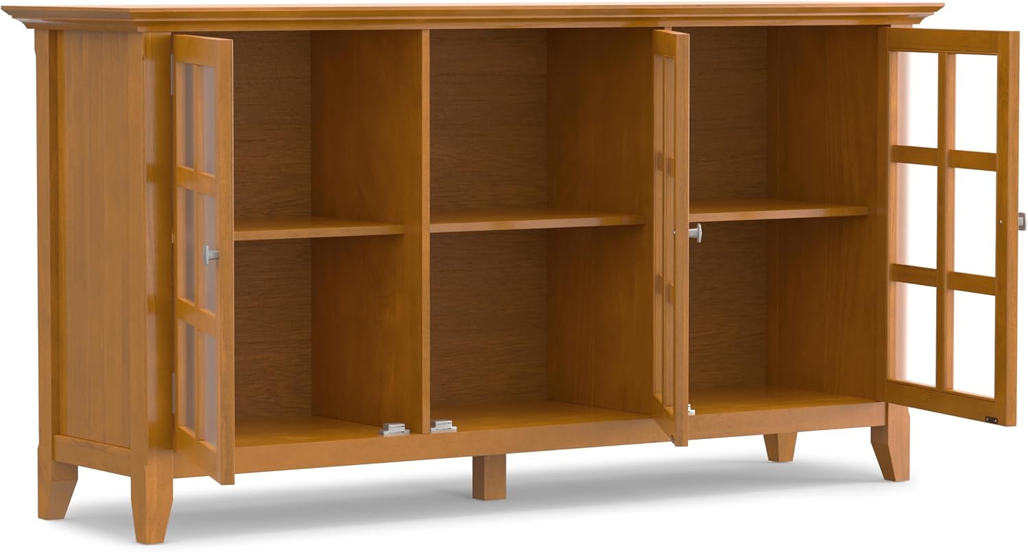 SIMPLIHOME Acadian Storage Cabinet - 62 inch Wide Solid Wood 3-Shelf Sideboard in Light Golden Brown, Transitional Buffet for Living Room, Entryway, or Dining Room with Adjustable Shelves