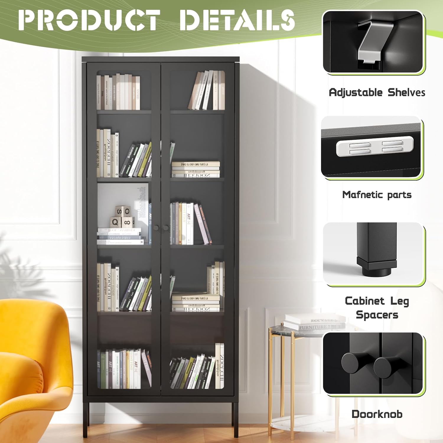 Crownland Metal Storage Cabinet with Glass Doors, Display Curio Glass Cabinet with 4 Adjustable Shelves, Tall Modern Office Storage Cabinets for Home Office, Living Room, Pantry(Black)