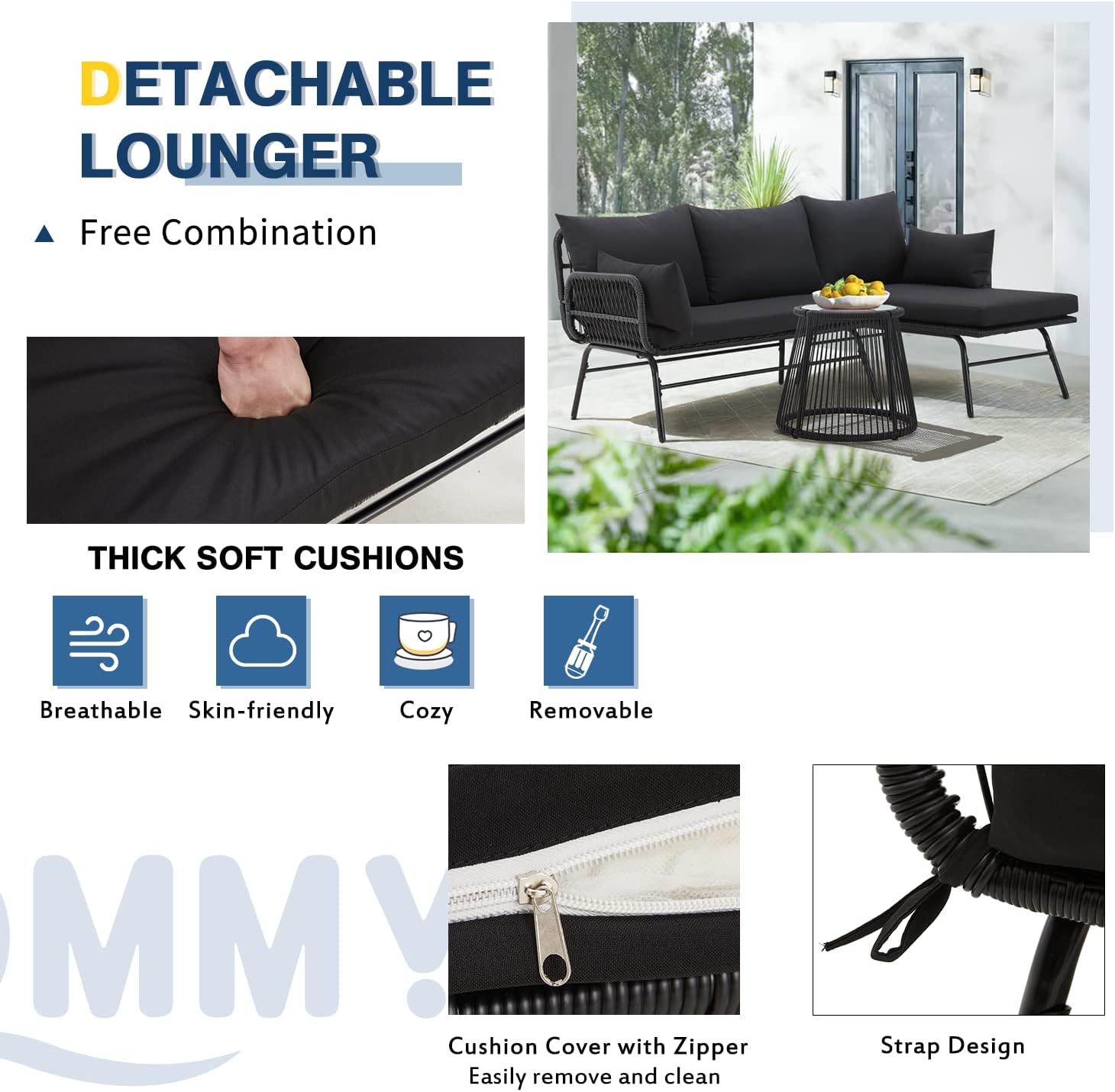 EROMMY 3 Piece Patio Conversation Sets, L-Shaped Sectional Patio Furniture Sofa Set with Thick Cushions and Toughened Glass Coffee Table for Backyard Balcony Garden Porch, Black