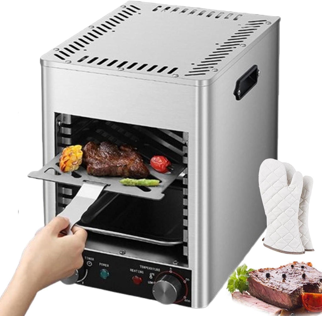 1700w Electric Steak Broiler,110v Electric Contact Grills W/10-Layer Grill/Stepless Knob/Time&Temperature Adjustable/Maximum Temperature 800℃,For Commercial And Home,Grey