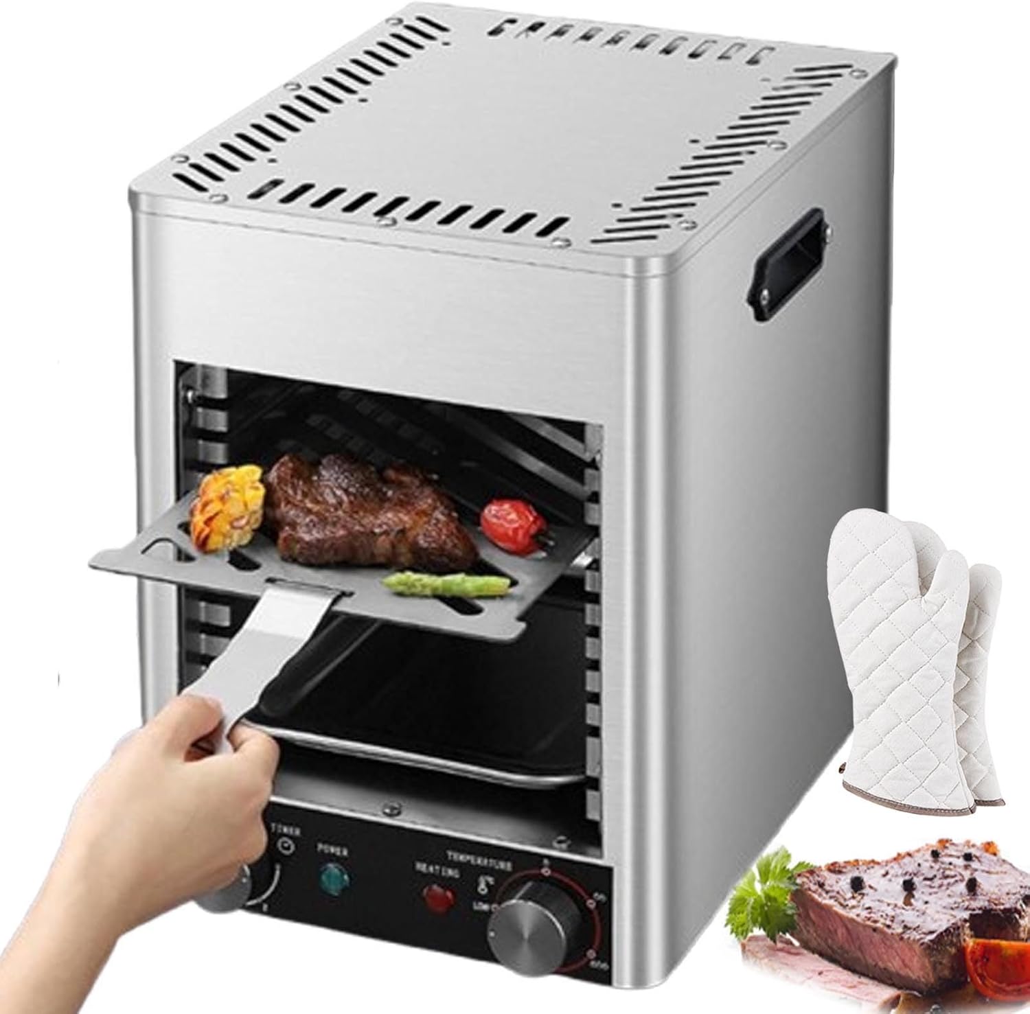 1700w Electric Steak Broiler,110v Electric Contact Grills W/10-Layer Grill/Stepless Knob/Time&Temperature Adjustable/Maximum Temperature 800℃,For Commercial And Home,Grey