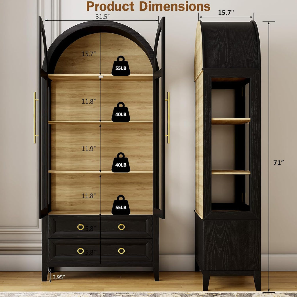 LVSOMT 71' Tall Arched Storage Cabinet with Glass Doors and Drawers, Curio Display Cabinet with Adjustable LED Light & Human Sensor, 4-Tier China Cabinet for Living Room(Black+Wood)