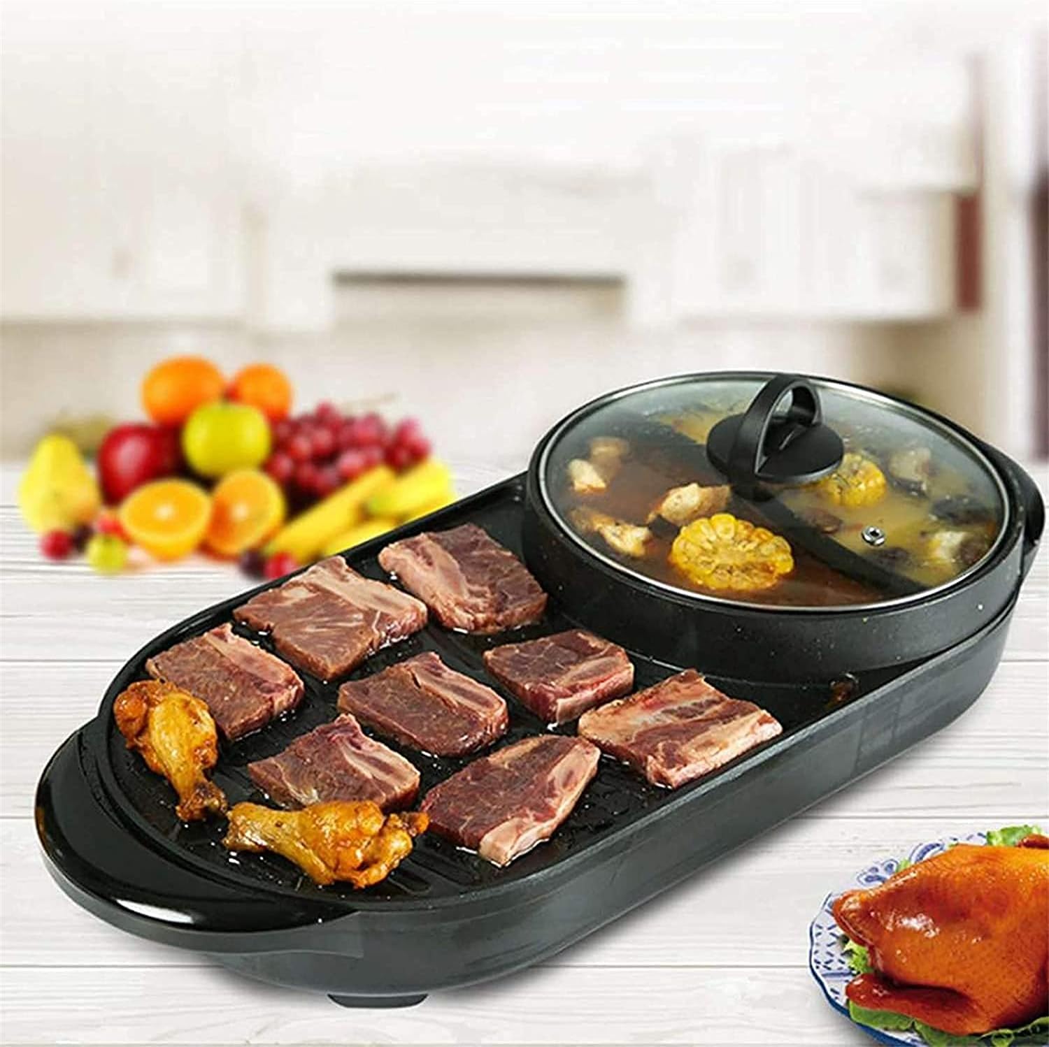 2200W Electric Grill, Indoor Grill, Non-Stick Coating 2 in 1 Smokeless Hot Pot, Multifunctional Grill Pot for Home/Party, for 2-10 People,Household Nonstick Electric Griddle