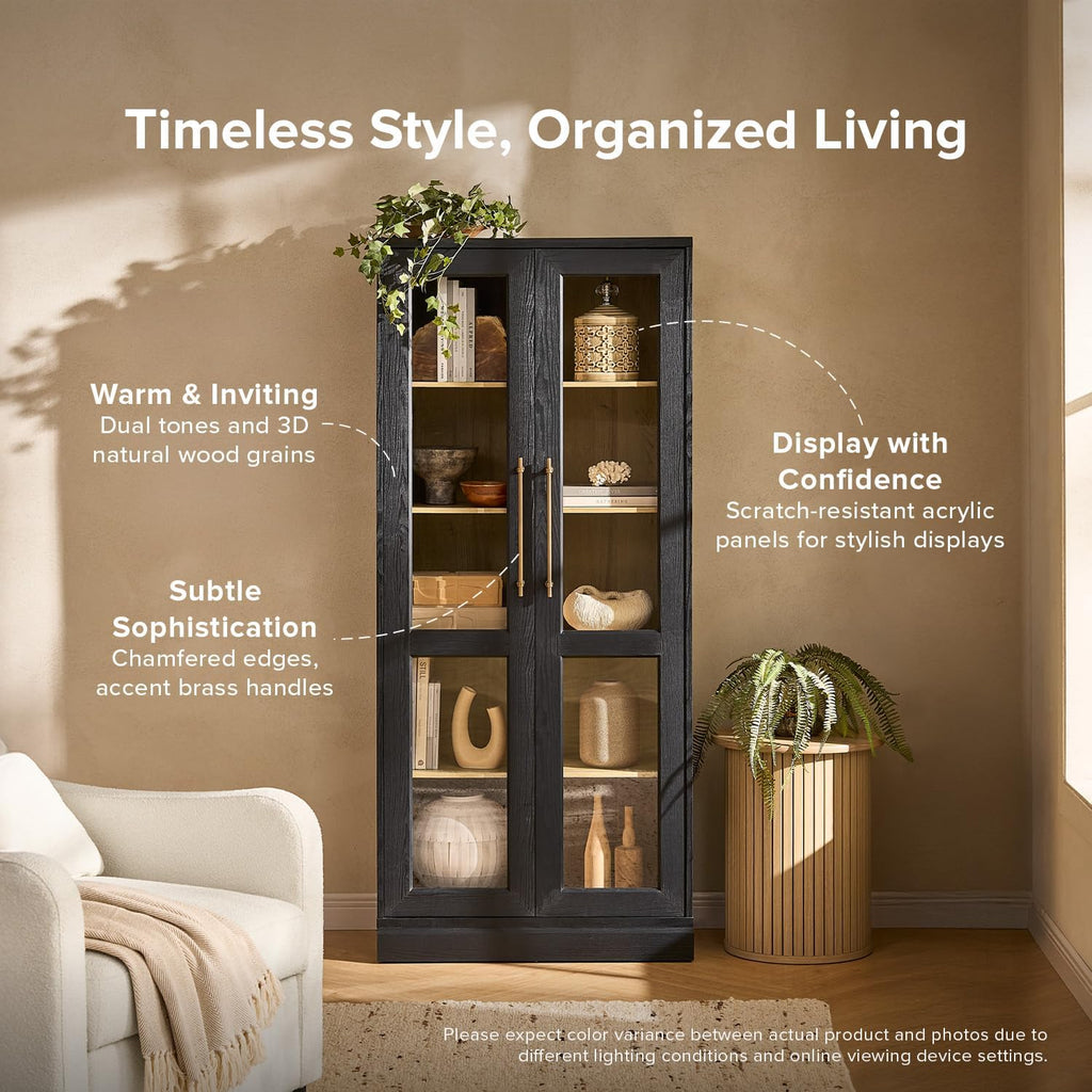 mopio Blake Tall Display Cabinet, Kitchen Buffet Pantry Cupboard, Trophy Display Case, Storage Cabinet Scratch Resistant Acrylic, Modern Farmhouse Curio Organizer (Black Oak Acrylic, Set of 2)