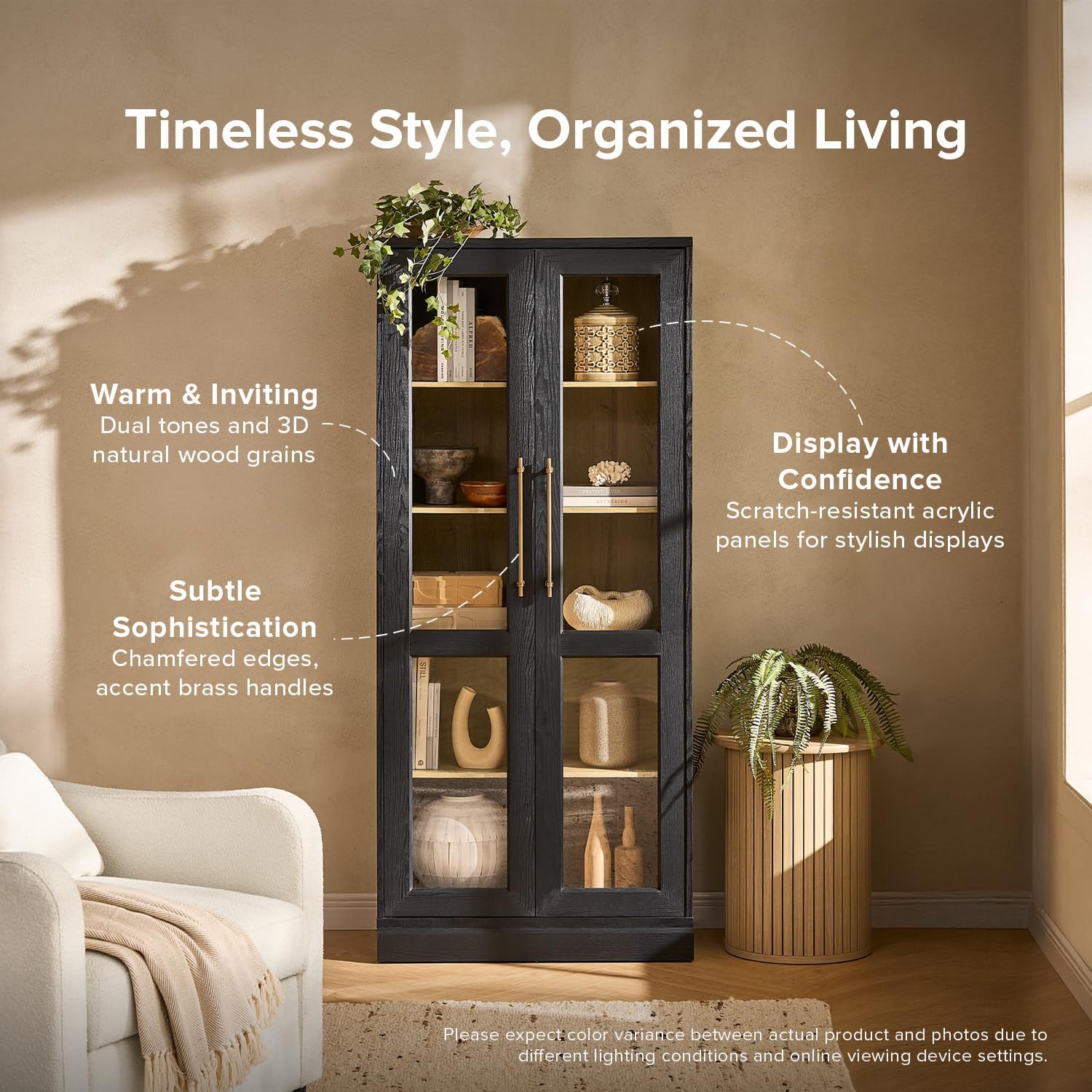 mopio Blake Tall Display Cabinet, Kitchen Buffet Pantry Cupboard, Trophy Display Case, Storage Cabinet Scratch Resistant Acrylic, Modern Farmhouse Curio Organizer (Black Oak Acrylic, Set of 2)