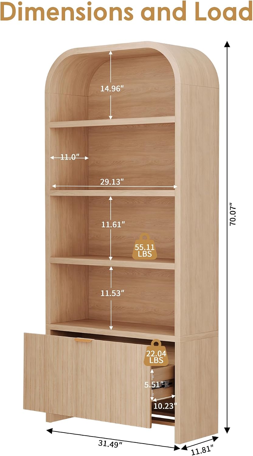 LEVNARY Arched Bookcase with Drawer, 70' Tall 5-Tier Bookshelf with Fluted Carved Drawer, Freestanding Display Storage Cabinet for Living Room Bedroom Home Office (Natural)