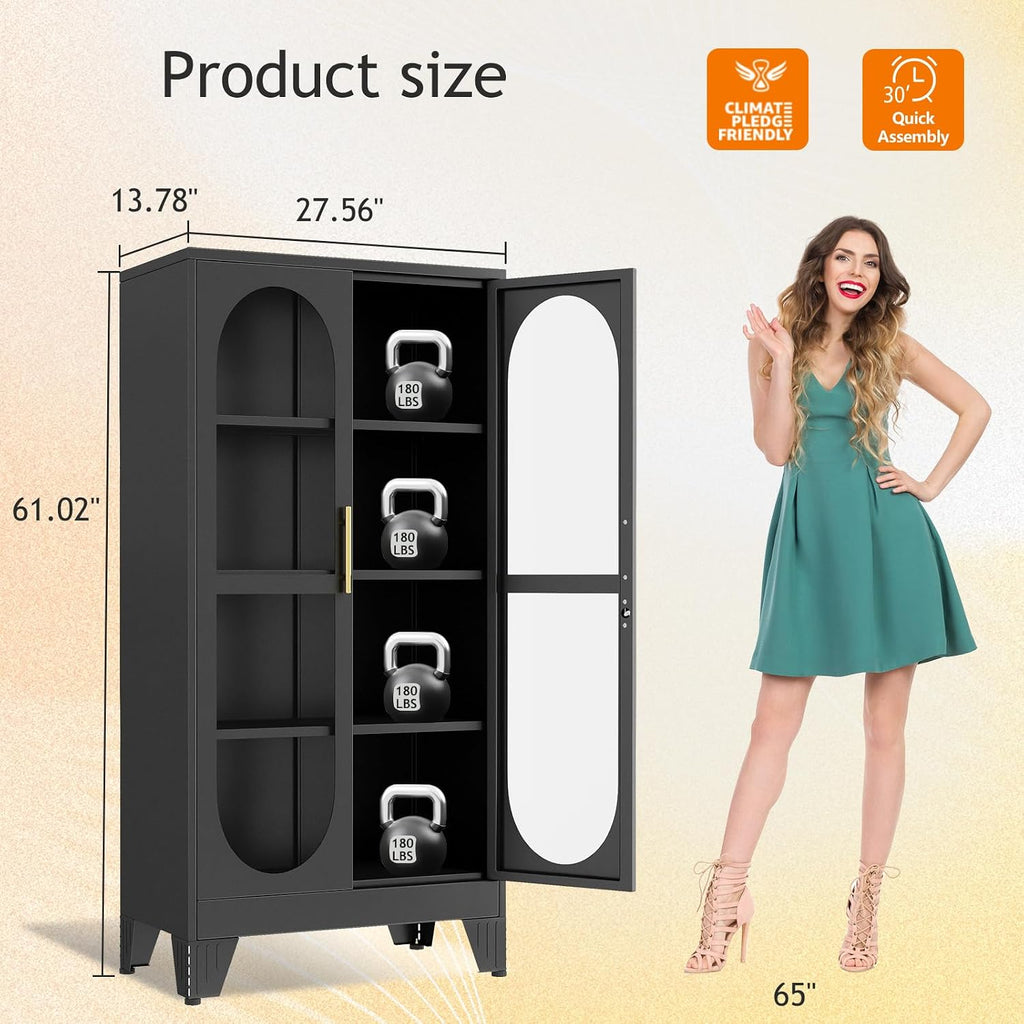 GAIOUS 61' Tall Metal Curio Cabinet, Display Cabinet with Glass Door, 4 Tier Liquor Cabinet with 3 Adjustable Shelves, Locking Glass Display Case for Collectibles, Showcase Storage Cabinets, Black