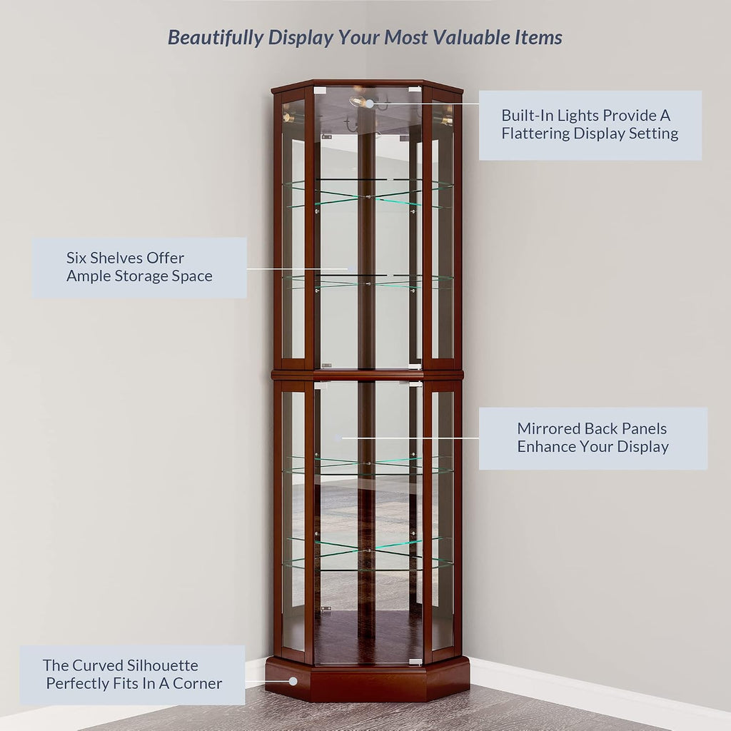BELLEZE Lighted Corner Display Curio Cabinet,72' Tall Wooden Curved Shelving Unit with Tempered Glass Door, Bar and Liquor Storage Area with 6 Shelves - Ashfield (Walnut)
