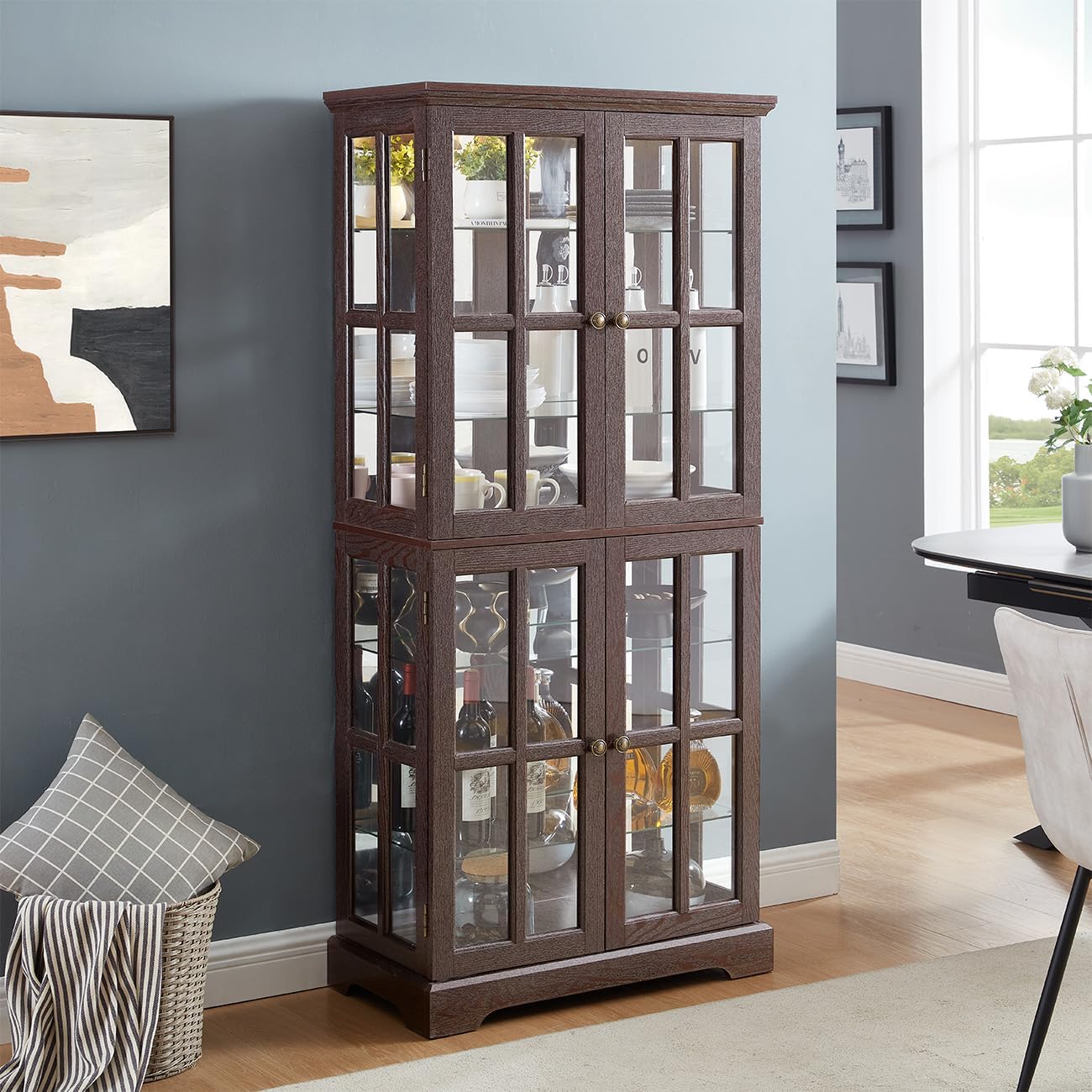 Lighted Glass Curio Cabinet with Lights & Adjustable Shelves,Curio Display Cabinet with Wood Frame & Glass Door,Corner Antique Display Case for Kitchen,Living Room,Office