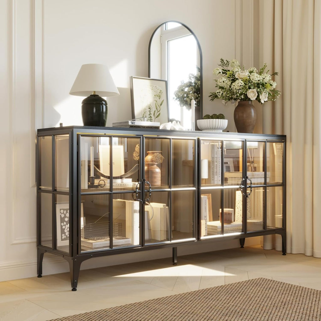 Display Cabinet with Glass Doors & LED Lights, Modern Sideboard Buffet with Glass Shelves, Metal Frame, for Living Room, Black, 63'W x 15.7'D x 31.5'H