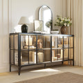 Display Cabinet with Glass Doors & LED Lights, Modern Sideboard Buffet with Glass Shelves, Metal Frame, for Living Room, Black, 63'W x 15.7'D x 31.5'H
