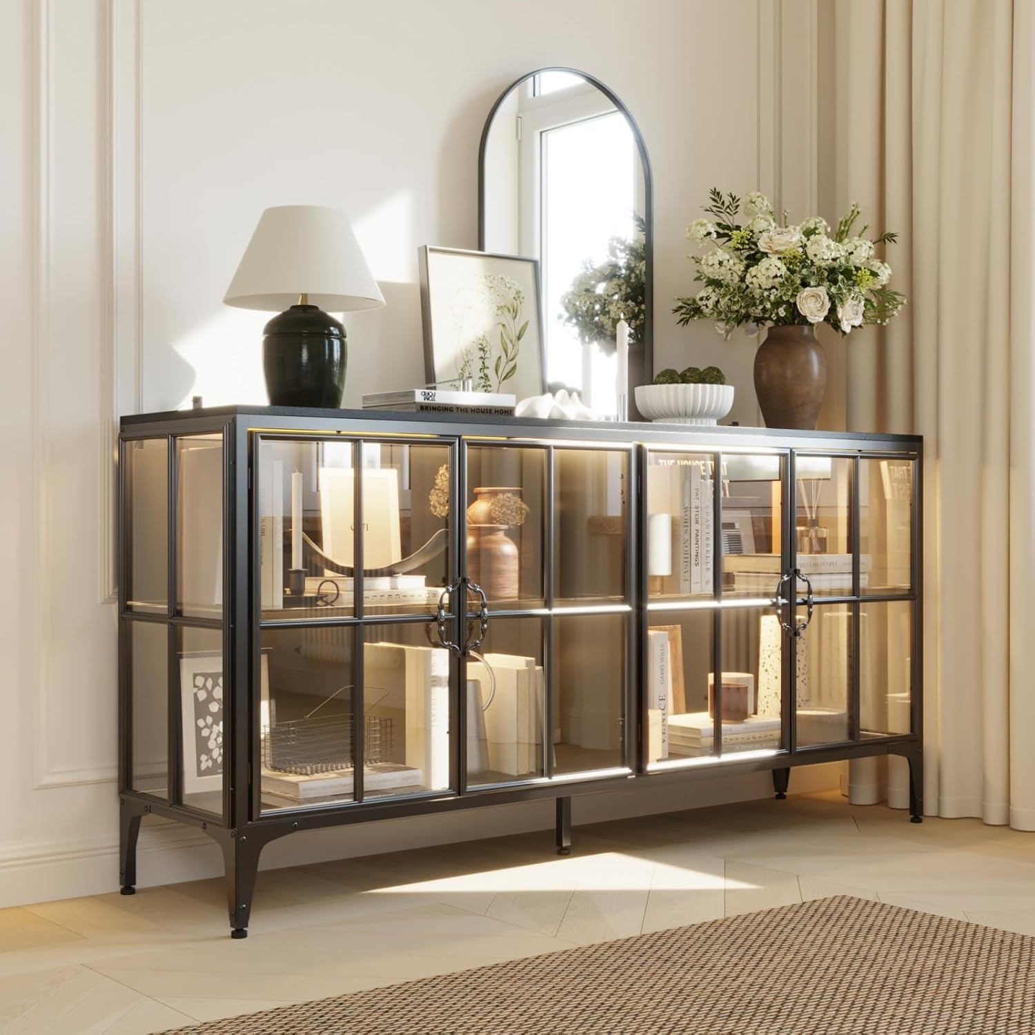 Display Cabinet with Glass Doors & LED Lights, Modern Sideboard Buffet with Glass Shelves, Metal Frame, for Living Room, Black, 63'W x 15.7'D x 31.5'H