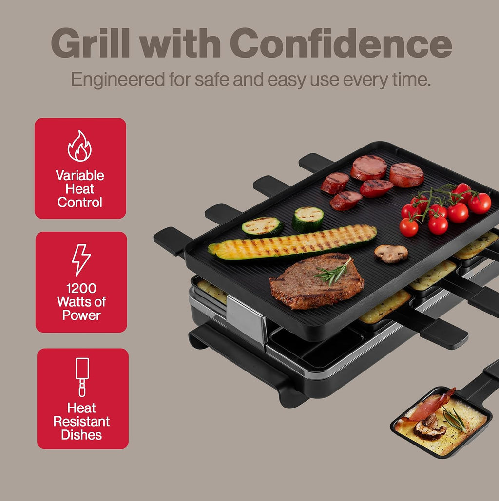 Swissmar Classic 8-Person Raclette Party Grill with Reversible Cast Aluminum Non-Stick Grill Plate/Crepe Top, Indoor Electric Raclette Grill & Griller - Black Grill Plate - Black