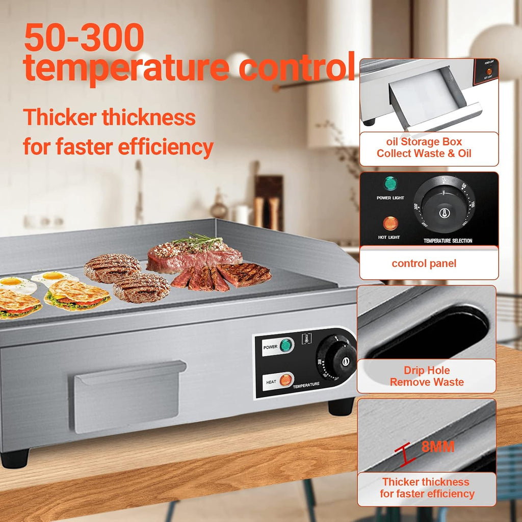 22' Electric Countertop Flat Top Griddle 1600W 110V Non-Stick Commercial Restaurant Teppanyaki Grill Stainless Steel Adjustable Temperature Control 50~300℃