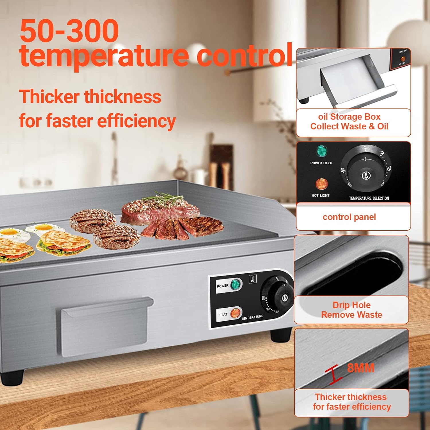 22' Electric Countertop Flat Top Griddle 1600W 110V Non-Stick Commercial Restaurant Teppanyaki Grill Stainless Steel Adjustable Temperature Control 50~300℃