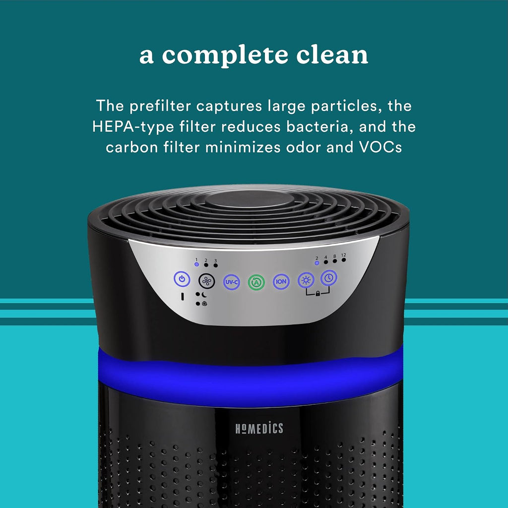 Homedics 5-in-1 UV-C Air Purifier - 360-Degree HEPA Filter for 1,593 Sq Ft, Extra Large Air Purifiers for Bedroom and Home, Essential Oil Pads, Built-In Timer, 5 Speed Settings for Large Rooms, Black