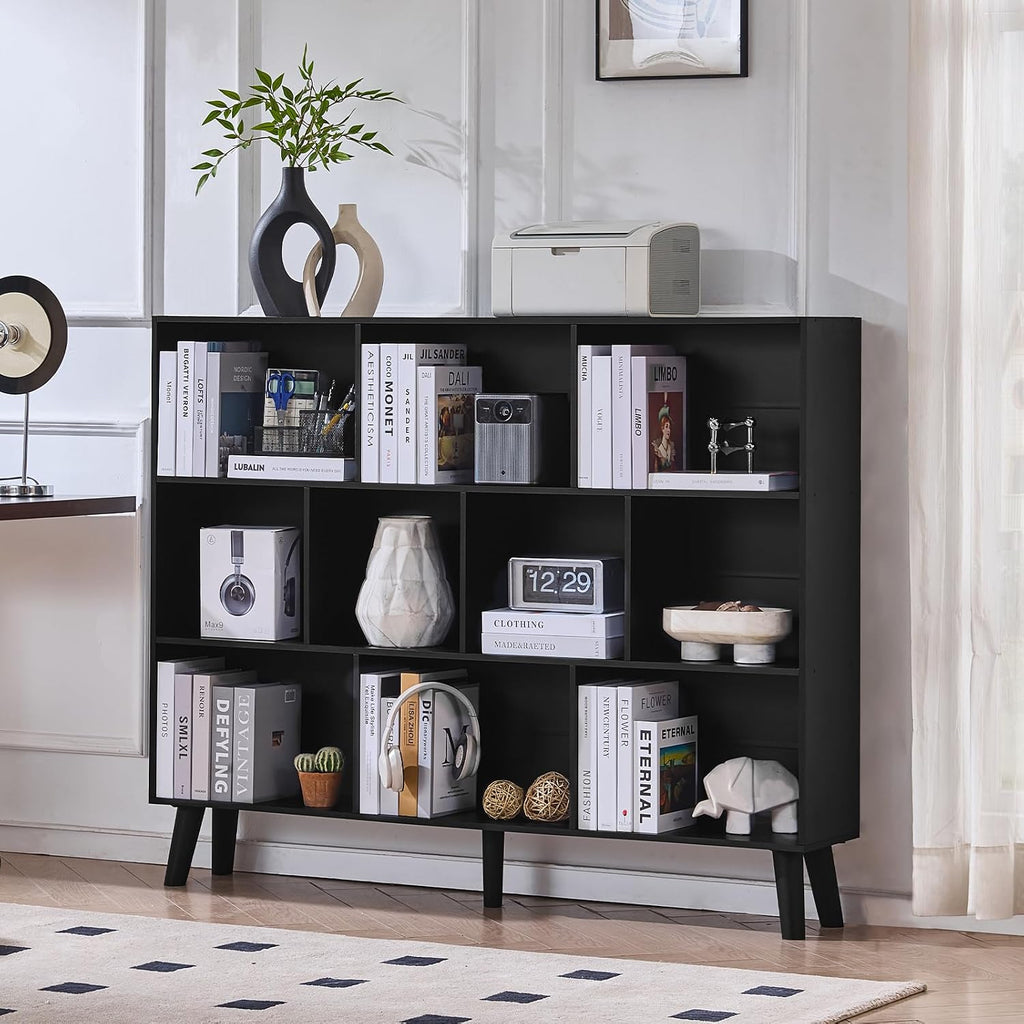 LEYAOYAO 10 Cube Bookshelf, 3 Tier Vintage 55' Wide Bookcase with Legs, Mid-Century Wood Bookshelves Storage, Black Large Book Case, Freestanding Organizer Display Shelf for Living Room, Office