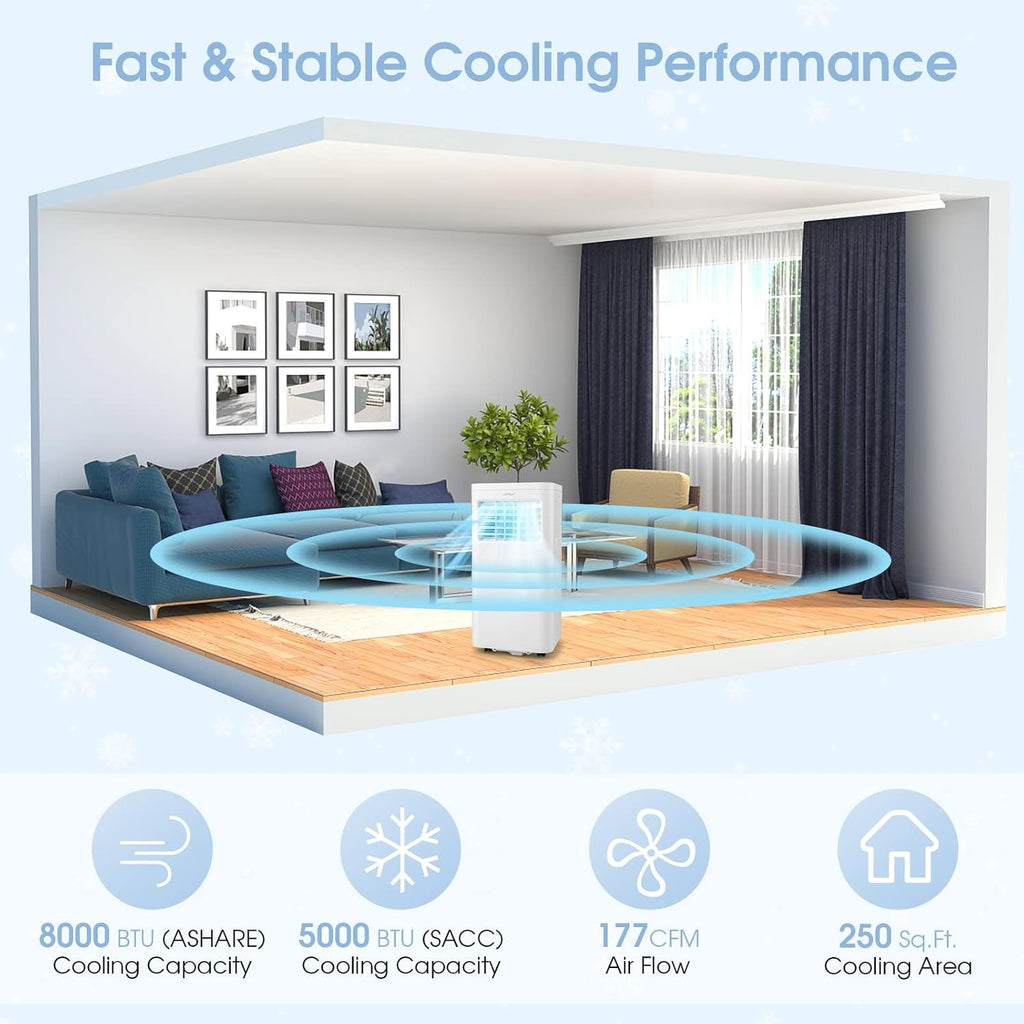 COSTWAY Portable Air Conditioner, 8000 BTU AC Unit with Built-in Dehumidifier, Fan Mode, Sleep Mode, 24H Timer, Remote Control, Window Installation Kit & Remote Control, Cools up to 250 Sq. Ft
