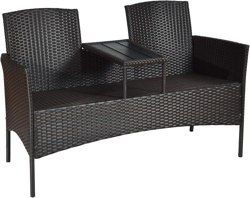 Tangkula Outdoor Rattan Loveseat with Built-in Coffee Table, 2-Person Patio Conversation Set with Cushions & Table, Modern Patented Wicker Sofa Set, Wicker Sofa for Garden Lawn Backyard, Beige